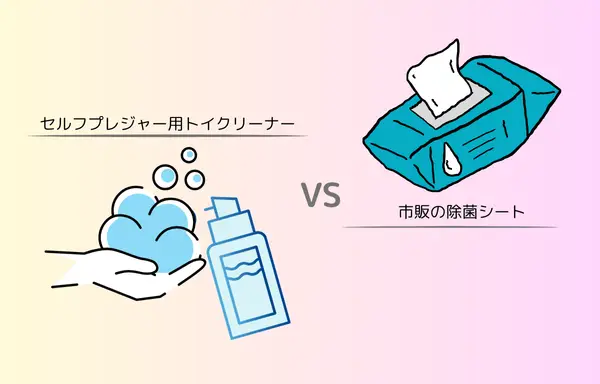 セルフプレジャー用トイクリーナーと市販の除菌シートを比較した図。使用目的の違いや、素材へのやさしさの重要性をやさしく伝えています。