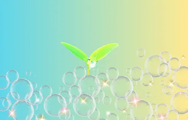 やさしさに包まれる♡ 弱酸性クリーナーのイメージを表現した泡と双葉のイラスト