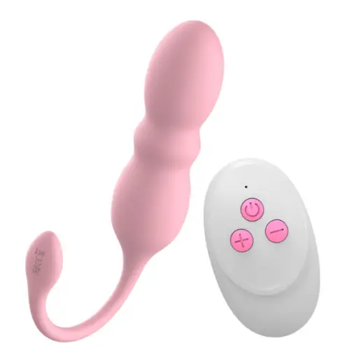 ピンクの2段構造バイブとリモコンのセット。中イキ向けで細身＆やさしい形状