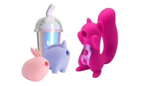 動物モチーフやスイーツ風デザインのかわいい吸引トイが並んだイメージ。うさぎ、ユニコーン、リスなど、見た目も楽しい癒し系アイテム。