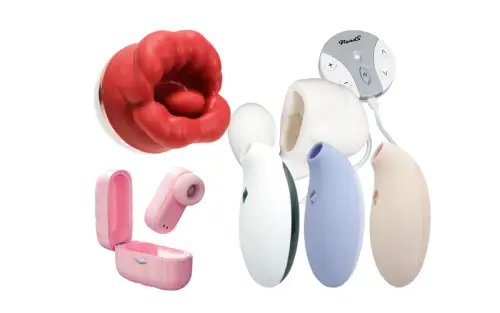 吸引トイの種類を並べたイメージ画像。空気で吸うタイプや舌の動きを再現する舐めタイプなど、さまざまな形やカラーのアイテムが紹介されている。