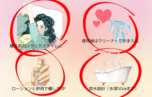 iroha stickのおすすめ使用シーンと注意点のイメージ画像。寝る前のリラックスタイムやお風呂、ローション併用、クリーナーでのお手入れ、防水仕様などをアイコンで表現