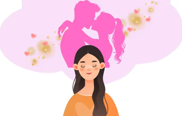 目を閉じて妄想する女性の頭の中に、恋人とのキスシーンとキラキラしたときめきが広がっているイラスト