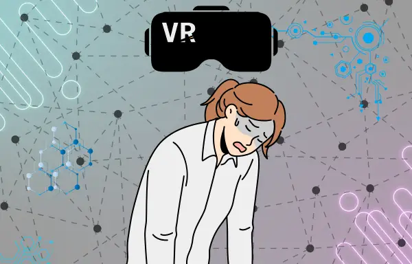 VRゴーグルを装着した女性が、仮想空間の中で疲れ果てた様子でうなだれているイラスト。背景はサイバー風の淡いネットワーク模様で、VR酔いや長時間プレイによる疲労感を表現している。