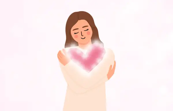 目を閉じてハートを抱きしめる女性のイラスト。やさしい光に包まれ、安心感とぬくもりが伝わるデザイン