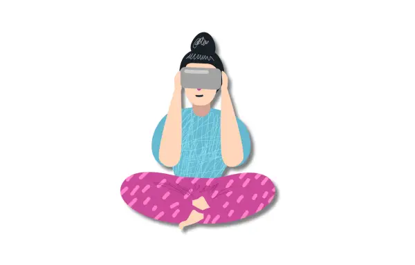 VRゴーグルを両手でしっかり装着している女性のイラスト。座った姿勢で丁寧にフィットさせている様子がわかる。