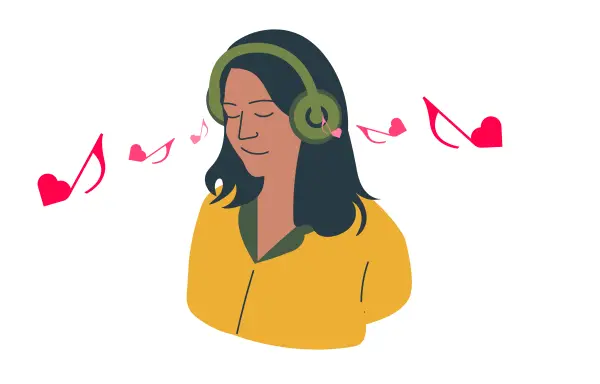 ヘッドフォンで声を聴きながらうっとり微笑む女性。耳元からハートの音符が飛び出し、声フェチの幸福感を描いたイラスト