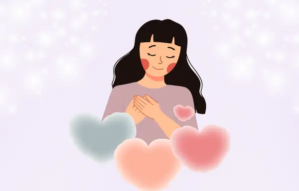 目を閉じて胸に手を当てる女性が、ふんわりしたハートに包まれているイラスト。やさしい光が心を癒すような雰囲気