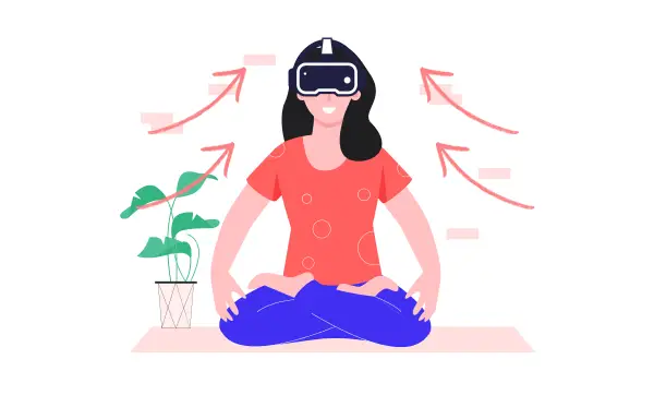 VRゴーグルを装着して座り、リラックスした姿勢で深呼吸している女性のイラスト。周囲に描かれた矢印がゆったりした呼吸の流れを表している。