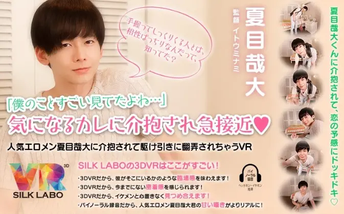 VR作品「僕のことすごい見てたよね…」ジャケット画像。優しく見つめる夏目哉大が介抱しながら距離を縮めるシーンを予感させるデザイン