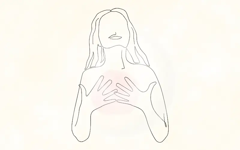 胸に手を当てた女性の線画イラスト。淡いピンクの光が広がるやわらかな雰囲気